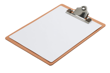 Blank clipboard with brown frame and metal clip ready for notes, isolated on transparent background, perfect cutout, PNG
