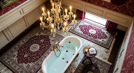 Regal Bathroom Ambiance Luxurious Space Featuring Bathtub and Ornate Lighting Fixture