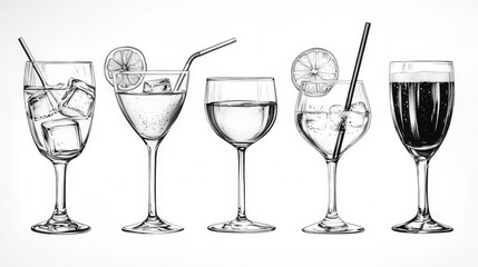 Various refreshing beverages in elegant glassware displayed in a creative arrangement for a stylish cocktail presentation