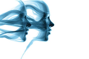 Abstract profile portraits of two ethereal faces, merging into wispy, light blue smoke or vapor