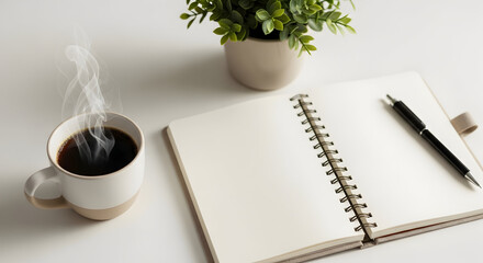 Relaxed Workspace With Coffee, Notebook, Plant; Ready For Creative Writing and Work