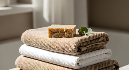 Relaxing Aesthetic Scene Showcasing Spa Elements Composed of Natural Soap and Spa Towels
