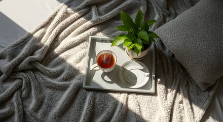 Relaxed Morning Scene Featuring Tea, Plant, And Cozy Bedding Illuminated By Sunlight