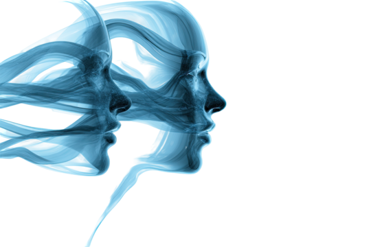 Abstract profile portraits of two ethereal faces, merging into wispy, light blue smoke or vapor