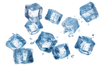 Ice cubes falling water drops freshness cold, isolated on transparent background, perfect cutout, PNG