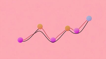 Graphic illustration of a line graph on a pink background. the line graph is made up of three points, each with a different color - orange, yellow, and purple.