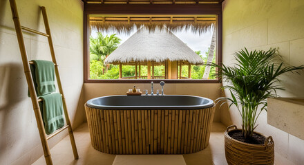 Relaxing Bathroom Scene with Tropical Views and Luxurious Bamboo Bathtub Comfort