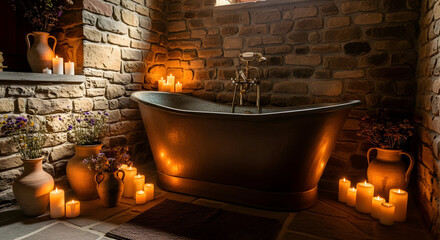 Relaxing Bathroom Scene With Candles and Stone Wall, Creating a Peaceful Ambiance