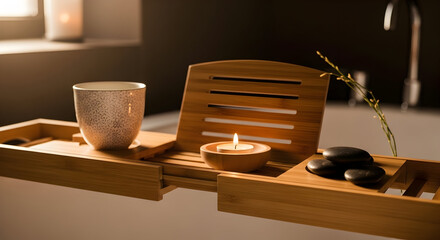 Relaxing Bathroom Spa Setup With Wooden Bath Tray Featuring Tea, Candles, and Stones