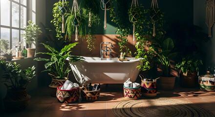 Relaxing bathroom with a bathtub filled with plants and natural sunlight, interior design