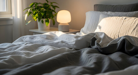 Relaxing Bedroom Scene With Cozy Bedding, A Stylish Lamp, And Green Plant Decoration