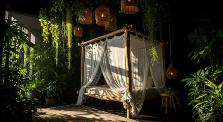 Relaxing Bedroom with Canopy Bed Surrounded by Green Plants and Decorative Lights