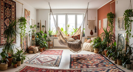 Relaxing Bohemian Interior Design Featuring Hanging Swing, Plants, and Carpets Embellished With
