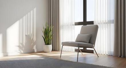 Relaxing Interior Scene Featuring a Comfortable Chair, Houseplant, and Natural Light, Calm Space