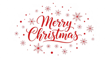 Red merry christmas text with snowflakes and dots isolated on transparent background