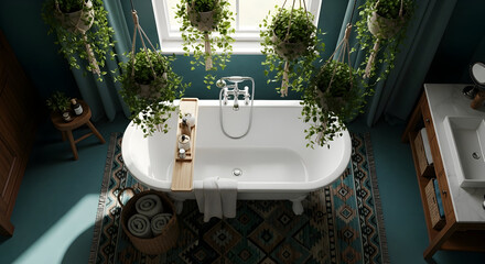 Relaxing luxury bathroom interior design with a bathtub, plants, and natural light