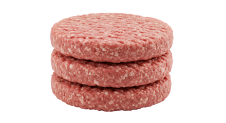 Raw Beef Burger Patties Stacked on White Background, Fresh Ground Beef Hamburger Patties Isolated, Uncooked Burger Meat Patties for Grilling or BBQ