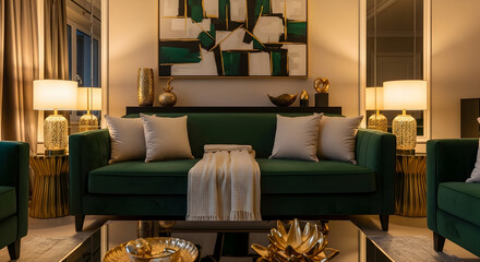 Opulent Living Room Composition with Emerald Sofa, Artistic Decor, and Golden Accents