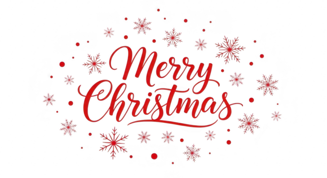 Red merry christmas text with snowflakes and dots isolated on transparent background