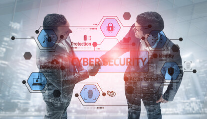 Two business professionals engage in a handshake symbolizing a partnership in cybersecurity amidst a digital backdrop, showcasing modern technology themes and urban scenery. Tessel