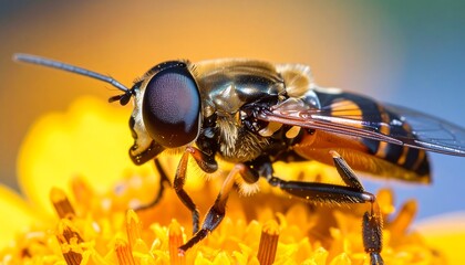 Close-up of a hoverfly on a yellow flower