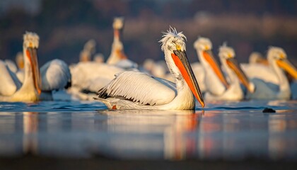 Pelicans in a calm water at sunrise