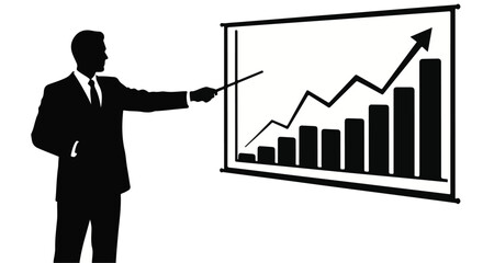 Businessman in silhouette pointing to upward trending graph on a whiteboard, symbolizing growth and success.