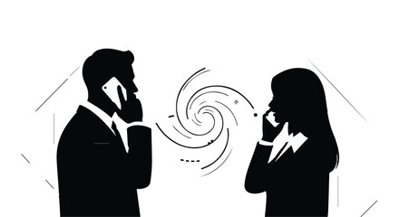 Silhouettes of two business people communicating on phones with abstract swirl effect between them