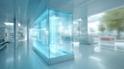 futuristic interfaces featuring abstract transparent panels and graphics dominate scene