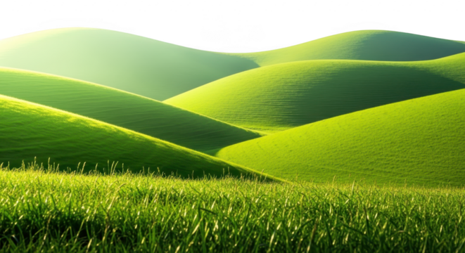 Rolling green hills bathed in soft sunlight, with lush grass in the foreground isolated on transparent background