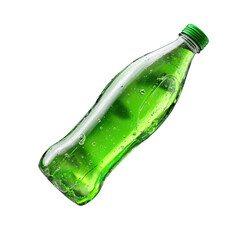 Green soda bottle with water droplets refreshing drink plastic bottle, isolated on transparent background, perfect cutout, PNG
