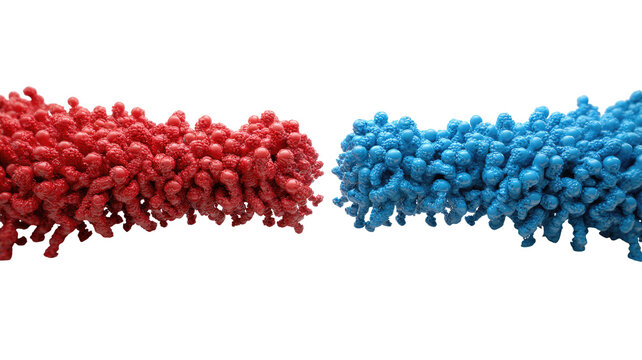 Molecular complex, two segments, red and blue, clustered beads