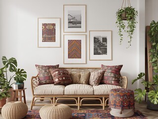 Bohemian living room with rattan sofa framed art prints patterned pillows and plants creating a cozy atmosphere