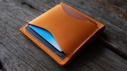 Brown leather wallet lying on a wooden surface. the wallet appears to be made of a soft, supple leather and has a rectangular shape with a flap on the top.