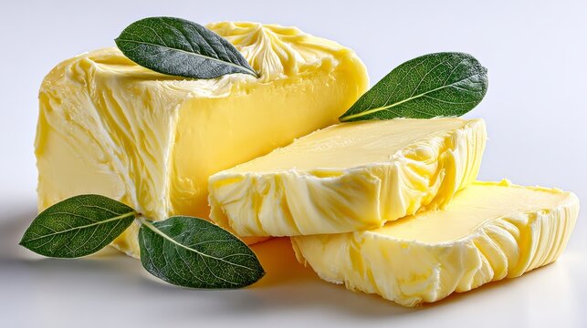 Slice of butter is on top of a leafy green plant. The butter is cut in half and is sitting on a white background