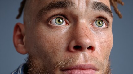 Man with green eyes and a beard is looking at the camera. Concept of curiosity and intrigue, as the man's piercing eyes seem to be searching for something or someone
