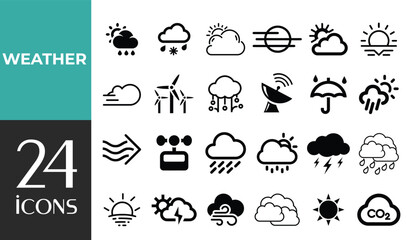 Weather set of web icons in line style. Forecast weather icons for web and mobile app. Forecast, clouds, sunny day, wind, snowflakes, sun, rain, thunderstorm, dew, moon. Vector illustration