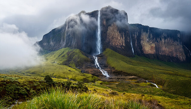 Misty Mount Roraima With Cascading Waterfall Mystical Landscapes