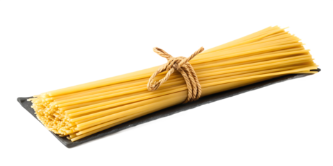 Bundle of uncooked spaghetti pasta tied with twine isolated on a transparent background 1
