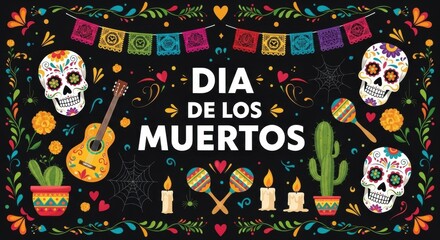 Fototapeta premium Vibrant Dia de los Muertos Celebration: Sugar Skulls, Guitar, and Festive Decorations