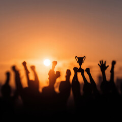 Fototapeta premium Success of teamwork, joint achievement of goal in business and life. Winning team is holding trophy in hands.
