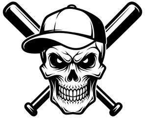 Baseball Skull with Cap and Crossed Bats, Baseball SVG, Skull SVG, Sport SVG, Grunge SVG