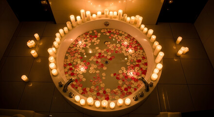 Romantic Bathtub Scene Illuminated With Flickering Candles, Creating A Serene Atmosphere