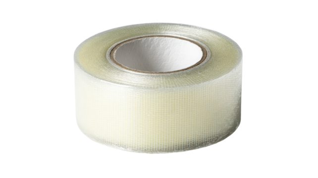 A roll of clear, pale yellow adhesive tape, wound tightly.  The tape has a textured, ribbed surface beneath the clear layer.  A white paper core is visible