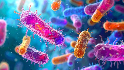A detailed illustration showcases various colorful bacteria in vibrant hues, highlighting their intricate structures and biological details.