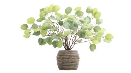 A decorative potted plant, light green leaves, muted tones