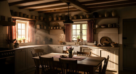 Fototapeta premium Rustic Kitchen Interior Bathed In Morning Sunlight Radiating Comfort And Serenity Mood