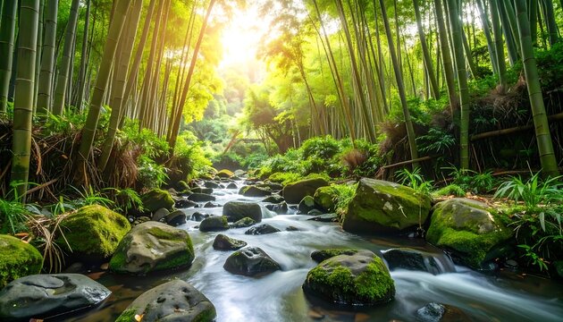 Lush bamboo forest with a flowing stream (1)