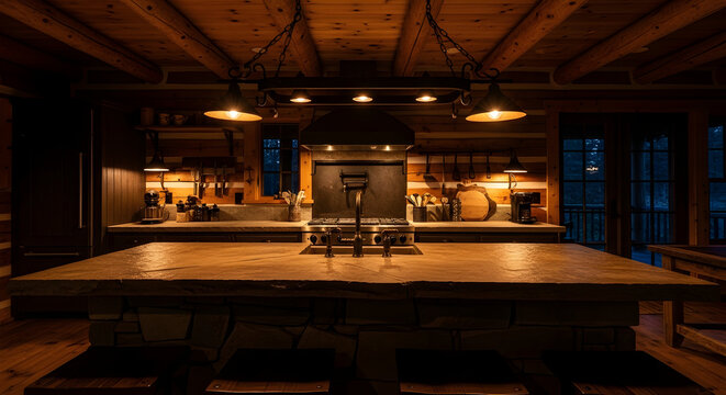 Rustic kitchen in a wooden cabin showcases wood paneling and stone countertop with lights