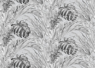 Seamless botanical pattern with black and white Jungle with watercolor leaves for textile